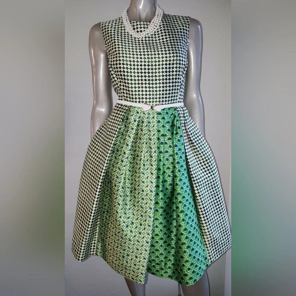 $2,900 OSCAR DE LA RENTA FLORAL DIAMOND GREEN SILK LINED RUNW DRESS US 14 XL